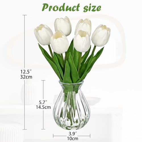 Oairse Artificial Tulips Flowers Floral Arrangement - 6 Stems Faux Flowers with Clear Glass Vase with Faux Water 12.5" White Fake Tulips Bouquet Centerpiece for Table Living Room Home Office Decor - color: White