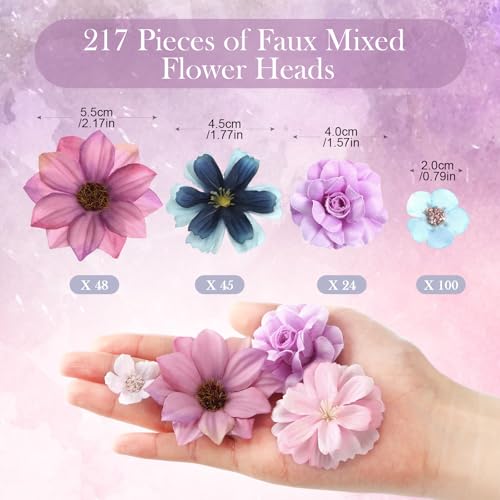 Cindeer 217 Pcs Mini Silk Flower Heads Bulk, Small Fake Flowers for Crafts Artificial 3D Loose Fabric Flower for Crafts DIY Wedding Party Hair Cap Dresses Decorations(Blue Purple Series) - color: Blue Purple Series