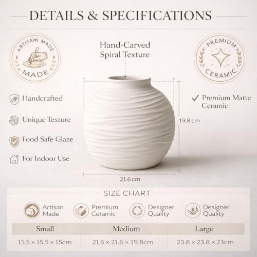 White Ceramic Vase for Home Decor - Rustic Farmhouse Flower Vase, Hand-Carved Spiral Texture, Decorative Round Pottery Vase for Shelf, Table, Nightstand, Centerpiece (Matte White) - Small
