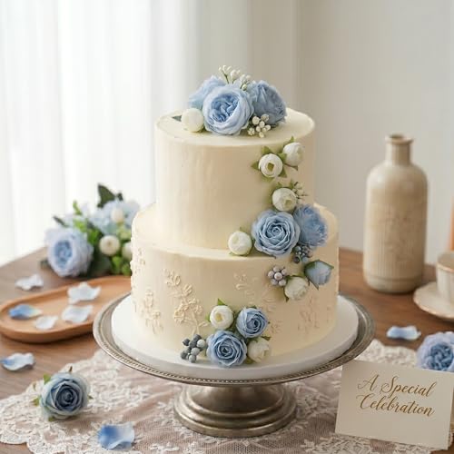4 Bunches Artificial Flowers for Decoration Blue Peonies Fake Roses Arrangements Table Centerpiece Faux Flores for Wedding Home Vase Decor - color: Blue & White