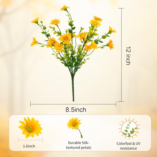 Artificial Mums Fall Fake Flowers for Outdoors, 10 Bundles Faux Mums Autumn Decorations,UV Resistant Silk Flowers Plastic Plants for Outside Front Porch Garden Patio Home Planters Decor (Yellow) - color: Yellow