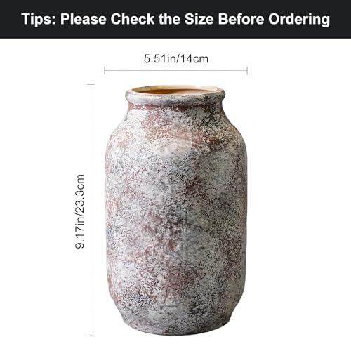 Ceramic Rustic Farmhouse Vase, Terracotta Pottery Flower Vase, Farmhouse Decor for Shelf, Table, Living Room, Bedroom Decor, 9 Inch - color: Rustic Brown White