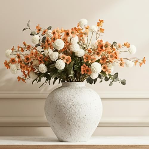 RyddeligHome Artificial White Kiku & Orange Wax Flowers, 22 Long Stems Bulk Silk Flowers for Vases, Floral Stems Arrangements for Modern Home Decor, Centerpieces for Tables, Rustic Decorations - color: Orange Wax+kiku