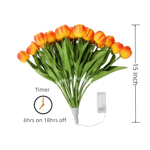 HOMESEASONS 20 Stems LED Lighted Artificial Flowers Tulip Lamp Real Touch Tulips Faux Flower Lights for Valentine's Day and Easter Home Kitchen Wedding Dining Table Decor(Orange) - color: Orange