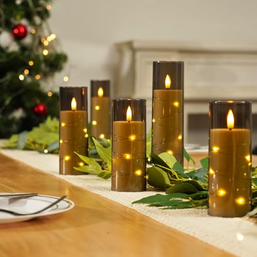 Homemory Flameless Candles with Star String Fairy Lights, Battery Operated Candles, LED Candle, Fake Candles with Remote Control and Timer, Modern Home Decor, Grey, Set of 5 - color: Grey-5pcs, size: 5pcs, D2.2"x H5"5"6"7"8"