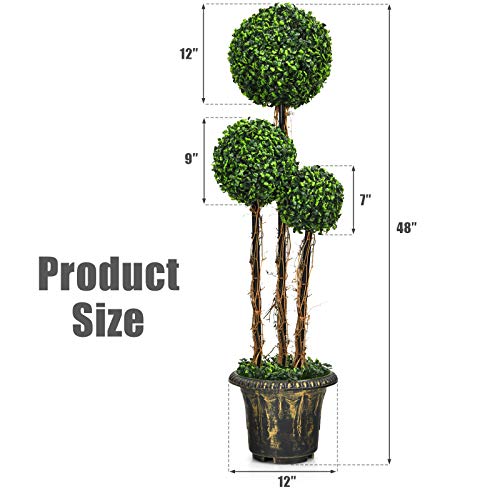 Goplus 4 Ft Artificial Boxwood Topiary Tree, 2 Pack Fake Greenery Plants Triple Ball Tree, Leaves & Cement-Filled Plastic Flower Pot Decorative Trees for Home, Office, Indoor and Outdoor Use - size: 4 Ft