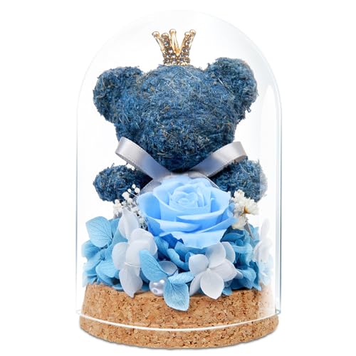 Preserved Rose Flowers Gifts for Her, Real Forever Rose in Glass Dome with Adorable Bear for Girlfriend,Mom,Wife,Grandma on Birthday Anniversary Valentine's Day (Blue) - color: Blue