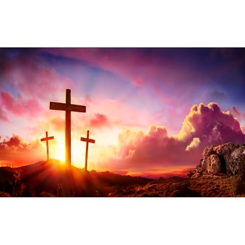 Jesus Christ Cross Backdrop Three Crosses On Mountain Sunrise Sunset Photography Background Jesus Crucifixion Resurrection Backdrop Sepulcher Lord Pray Christmas Easter Church Backdrops 5x3ft - color: Red_Blue, size: 5x3ft