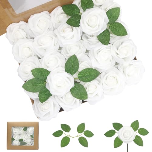 Artificial Flowers 50PCS White Roses Real Looking Foam Fake Roses with Leaves and for DIY Wedding Bouquets Bridal Shower Centerpieces Party Decorations (White) - color: White, size: 50