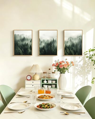 PHOPAGO Green Fog Pine Tree Framed Wall Art Nature Misty Nordic Forests Artwork Morden Paints for Living Room Hallway Decor - 12x16in Natural Framed - color: Green Pine Forest, size: 16L" x 12W" x 3 Pcs Natural
