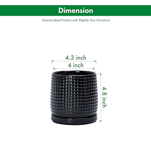 D'vine Dev 4 Inch Ceramic Beaded Stoneware Planter Pot - Flower Pot with Drainage Holes and Saucers for Indoor Succulent Plants or Flowers, Glossy Black, 27-C-Z-2 - color: Glossy Black, size: 4.3 Inch