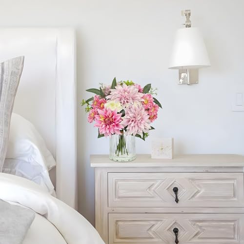 Briful Artificial Flower Arrangement with Glass Vase, 12.5" Faux Dahlia Silk Flowers Centerpiece Table Decorations Pink Mixed Floral Bouquet for Home Office Dining Room Coffee Table Wedding Decor - color: Pink Purple