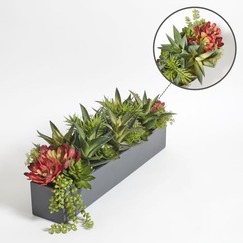 CG Hunter Oblong Faux Succulent Arrangement, Premium Artificial Indoor Plant Enhances Interior Design, Display on any Surface in Your Home Adding an Inviting Touch of Nature, Grey Planter Pot Included - size: 27" Oblong Grey Planter