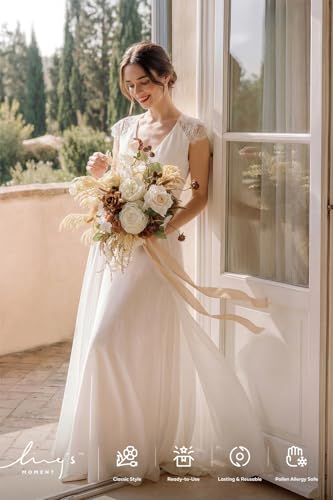 Ling's moment Boho Wedding Bouquets for Bride, Earth Brown & Tawny Beige Bridal Bouquets for Bride, 13 Inch Free Form Artificial Wedding Flower Bouquet for Rustic Wedding Ceremony Anniversary - color: Brn- Earth Brown & Tawny Beige, size: Small 13 Inch