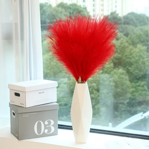 Wertuirk 9 Stems Red Pampas Grass - 38 Inch Tall Fluffy Faux Pampas Grass Decor, Long Artificial Pompas Floral for Living Room, Wedding Centerpieces and Home Decor (Red) - color: Red