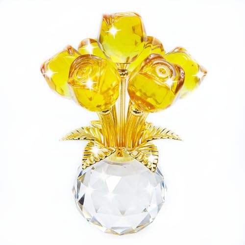 TWINKLING Crystal Roses Figurine with Round Vase, Glass Rose Crystal Flowers Bouquet, Birthday, Anniversary,Wedding, Home Décor,Gold Leaf (Yellow) - color: Yellow(gold Leaf)