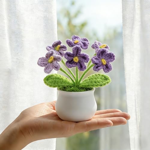 LAIDANLA Purple Crochet Forget Me Not Gifts, Mini Handmade Potted Flower | Birthday Graduation Anniversary Thinking of You Gifts for Women Teacher Mom Friend, Crochet Flowers Potted Plant for Desk - color: Ombre Purple