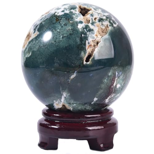 Large Moss Agate Crystal Sphere Natural Healing Crystal Ball with Stand Meditation Decorative Balls Home Decor 100-110mm/3.9-4.3" - color: Moss Agate, size: 3.9 - 4.3 inches