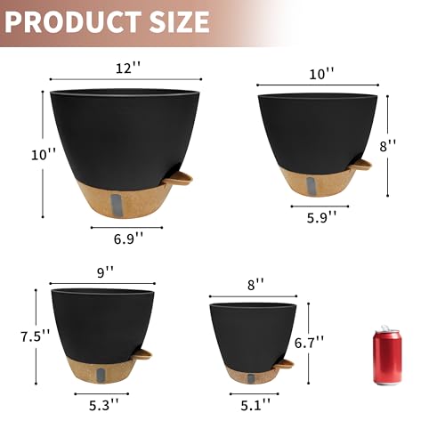 12"/10"/9"/8" Self Watering Pots with Visual Water Window,Extra Large Self Watering Plant Pots with Drainage Holes & Saucers,Black Planters for Indoor Plants,4-Pack - color: Black