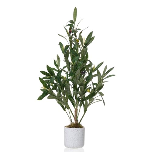 Potted Faux Olive Tree 2FT/23.6inch, Indoor Artificial Olive Plant Trees with White Pot adn Moss, Realistic Leaves and Fruits, Fake Floor Plants Olive Tree for Home House Office Décor
