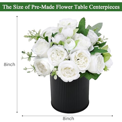 Pre-Made Flower Table Centerpieces, Set of 6 Artificial Silk Peonies with Black Vase for Wedding Reception, Modern Floral Decor for Birthday Party, Anniversary Ceremony - White - color: White