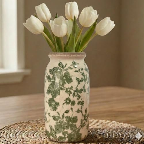 Vintage Green Floral Ceramic Vase, 8 Inch Crackle Glaze Rustic Handmade Vase, Decorative Pottery for Fresh or Dried Flowers, Farmhouse Cottage Modern Rustic Decor - size: Medium - Tall Cylinder Vase