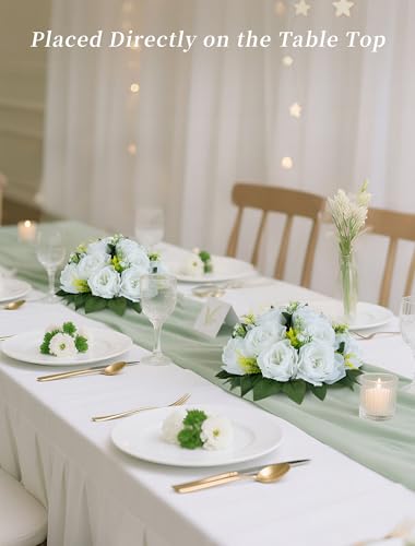 BLOSMON White Flowers for Wedding Centerpieces: 10 Pcs Artificial Roses Flower Balls for Table - Fake Silk Kissing Bouquet Floral Arrangement Center for Home Party Event Decor - color: White
