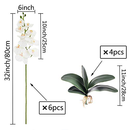 FagusHome 32" Artificial Phalaenopsis Flowers 6 Pcs with 4 Bundles Leaves Artificial Orchid Flowers Stem Plants for Home Décor (6Pcs) - color: White+green