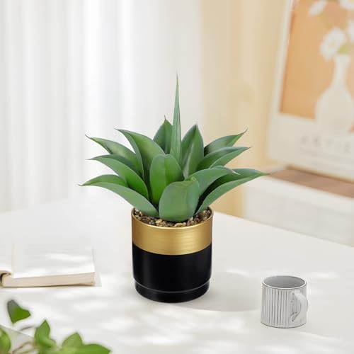 Briful Artificial Agave Plant in Black and Gold Metal Pot, 13 Inch Tall Fake Succulent Potted Plants with Wide Gray-Green Leaves, Faux Houseplant for Modern Home Office Shelf Decor - color: Aloe Vera Gold Black Vase