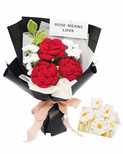 Crochet Flower Bouquet Handmade Red Roses Artificial Flowers with Card Unique Mothers Day Graduation Birthday Gifts for Women Mom Girlfriend Wife Eternal Flores Knitting Decorations Home Decor - color: Red Rose
