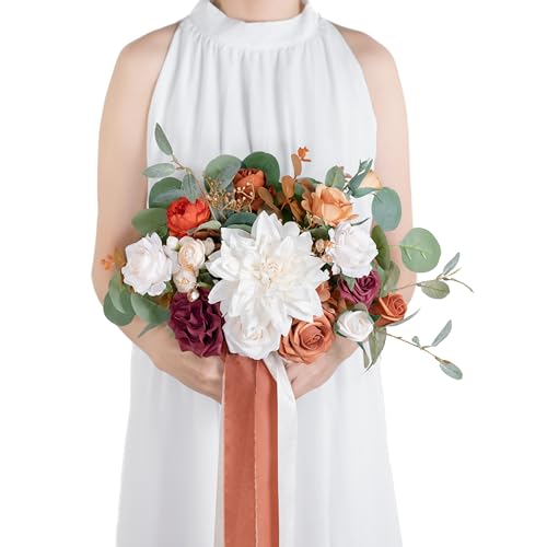 10 Inch Terracotta Bridal Bouquet,Burnt Orange Wedding Bouquet,Bride Bouquets for Wedding Ceremony Anniversary, Party and French Rustic Vintage,Artificial Flowers - color: Terracotta, size: 10 Inch