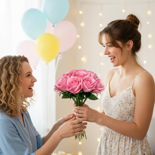 Pink Artificial Roses, Bunch of 18 Fake Pink Roses with Stems, (12") 30cm Silk Flowers Bouquet for Outdoor & Indoor Events Wedding Party Home Decoration & Gifts-DIY & Crafts - color: Pink