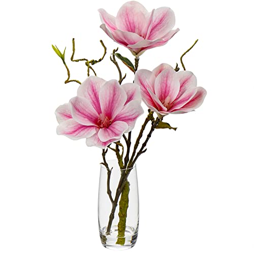 DILATATA Faux Flowers in Vase 15.4" Magnolias Flowers Arrangement with Faux Water Real Touch Flowers for Wedding Table Centerpiece Home Decor, Pink - color: Pink-magnolia