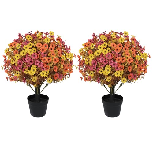 24" Artificial Potted Fall Plants Outdoor Set of 2, UV Resistant Faux Daisy Mums Flowers with Eucalyptus, Decorative Plants in Pots for Front Porch, Patio & Entryway - color: Fall Mixed, size: 24in Daisy Eucalyptus