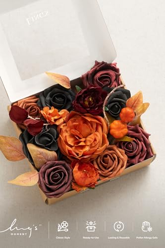 Ling's moment Fake Flowers Box, Faux Artificial Greenery Stems Foam Roses Silk Peony Eucalyptus Fabic Flower for Centerpieces Bouquet Wedding Vase Floral Decorations, Black & Orange, Mini Combo - color: Black & Orange