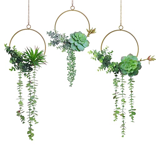 Artificial Succulents Wreath Set of 3 Hanging Gold Geometric Garland Greenery Wall Decor Backdrop