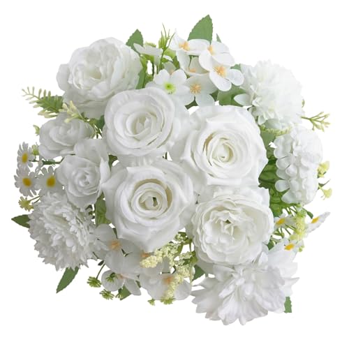 4 Pcs Mixed Artificial Flowers Set, Small Artificial Peony Bouquet Fake Rose Flower Silk Floral Arrangements for Table Centerpiece Home Wedding Party Bridal Decoration(White, 2 Bouquets & 2 Stems) - color: White, size: Mixed 4pcs
