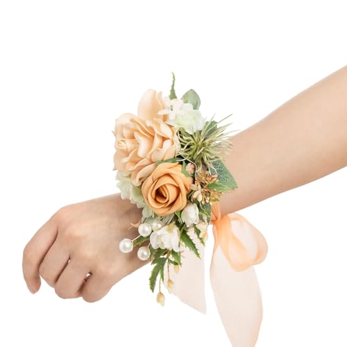 Ling's moment 2pcs Prom Wrist/Shoulder Corsage Artificial Flower, Girl/Mother Homecoming/Wedding Corsage Wristlet Décor, etc. Yellow Orange Peach - color: Or-yellow Orange & Peach