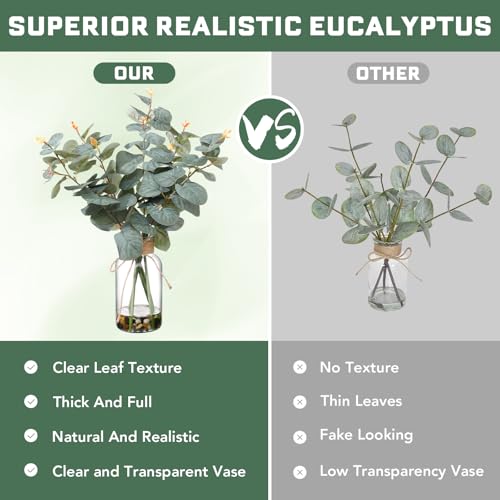 15.74” Artificial Eucalyptus Stems in Glass Vase with Faux Water & Natural Stones, Lifelike Fake Greenery for Modern Farmhouse Home Decor, Bathroom Decor, Office Desk Centerpiece - color: Sl-0976