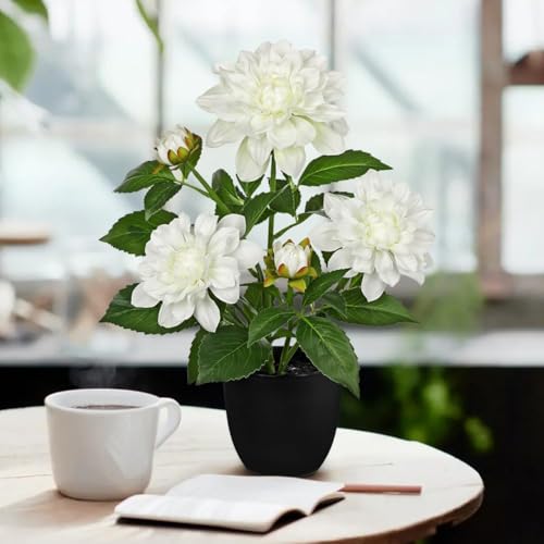 GnFlus Artificial Plants & Flowers in Pot White Dahlia Artificial Flowers Potted Plant Faux Silk Flower with Pot Fake Flower for Home Bathroom Table Centerpieces Wedding Shelf Desk Decor 16.5 Inch - color: White-16.5