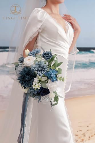 TINGE TIME 11 Inch Wedding Bouquets for Bride, Dustyblue Artificial Flowers Bouquet, Brides & Bridesmaids Bouquet for Wedding Anniversary Ceremony Bridal Shower Decorations - color: Dusty Blue
