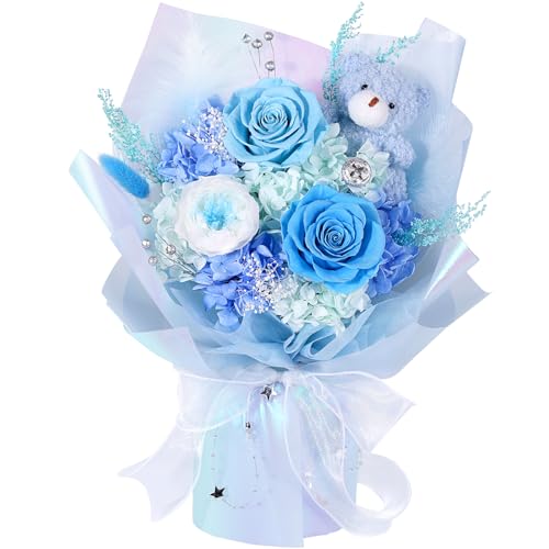 Preserved Flowers Bouquet with Bear, Real Forever Flowers for Delivery, Long-Lasting Blue Eteranl Roses Bouquet, Anniversary Birthday Gifts for Women Mom Her Girlfriend Wife - color: Blue