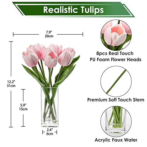 Briful Fake Flowers Artificial Tulip Flower Pink in Clear Vase, Real Touch Foam Tulip Arrangement Suitable for Home Office Decoration, Dining Table Centerpiece - color: Pink