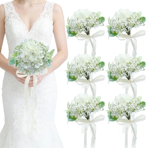 Artificial Bridesmaid Bouquets Set of 6 - Ivory White 9 Inch Flower Bouquet for Wedding Party Ceremony Anniversary Dinning Table Centerpieces Decor Faux (Hydrangea & Babys Breath & Ribbon) - color: Hydrangea