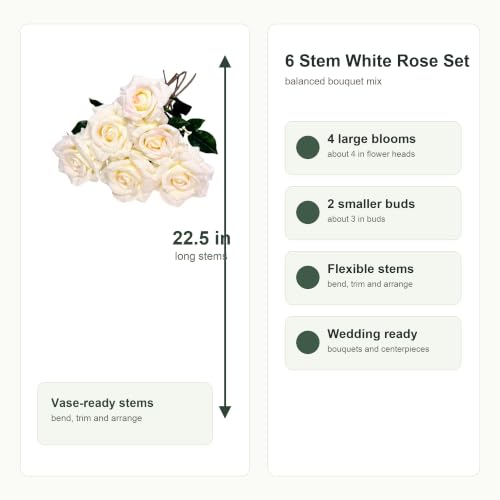 6 Stems Real Touch Artificial White Roses, 22.5in Long Stem Faux Silk Rose Bouquet with 4in Blooms and 3in Buds, White Fake Roses for Wedding Bouquets, Centerpieces, Vase and Home Decor - color: White