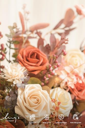 Ling's moment Fall Artificial Flowers 25Pcs Burnt Orange Roses Decor w/Stems,3" DIY Foam Floral for Wedding Bouquet/Centerpieces, Outdoors Party Backdrop, Room/Table, and Garden/Pot Decor - color: Or- Burnt Orange, size: 25Pcs
