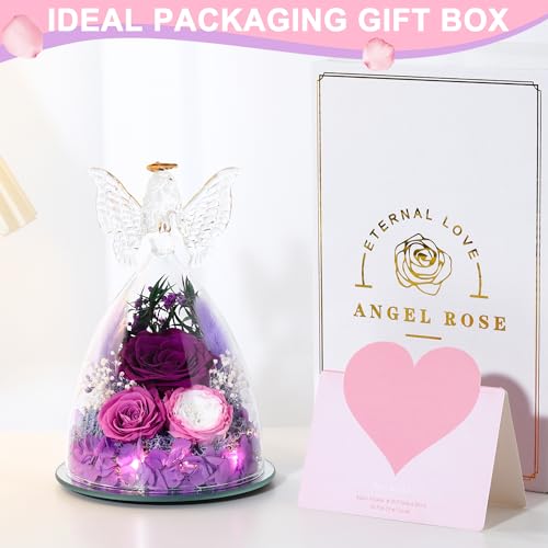 Mothers Day Rose Gifts for Women Preserved Real Flower in Glass Angel Figurines Roses for Delivery Prime Birthday Gifts for Mom Grandma Girlfriend Wife Her, Purple Austin Roses - color: Purple With Austin Roses