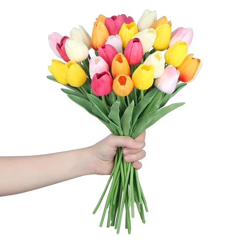 SITUMEIZI Fake Flowers Tulips Artificial PU Flower 15pcs Real Touch 14" for Spring Easter Home Kitchen Wedding Bouquet Bulk Mother's Gift Day Decorations(Multicolor,5-1) - color: Rose Red,sunset Red,beige,light Pink,yellow