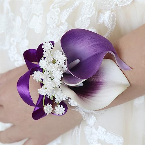 Artificial Calla Lily Wrist Corsage and Boutonniere Set for Groom Bride Groomsmen Bridesmaids Wristlet Band Corsage Men Boutonniere Wedding Accessorie Party Prom Suit Decorations - color: Calla Lily Wrist Corsage and Boutonniere Set
