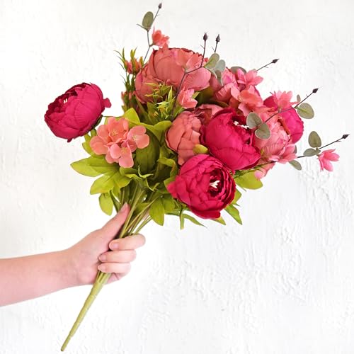FiveSeasonStuff Country Barn Red Peony Bouquets, 2 Bundles Artificial Silk Flowers with Hydrangeas for Wedding Centerpieces & Home Decor - color: Country Barn Red
